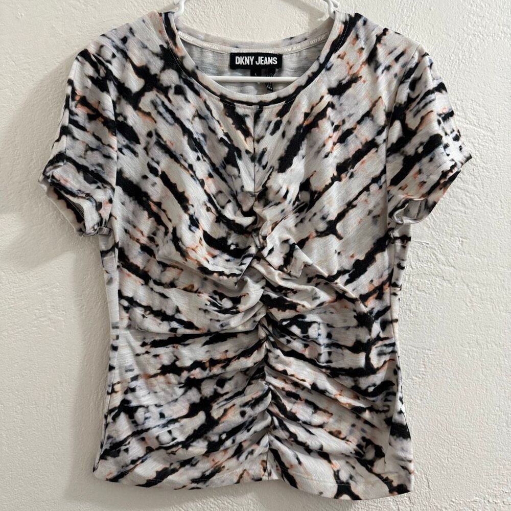 DKNY Jeans Black Orange White Tie-Dye Ruched T-Shirt L